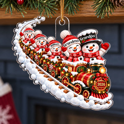 Snowman Family Grandparents Train 2D Flat - Personalized Acrylic Ornament – Christmas Family Keepsake Gift