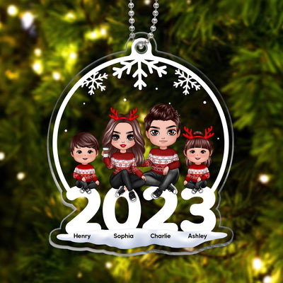 Doll Family Sitting On 2023 Snow Globe Shaped Personalized Acrylic Ornament