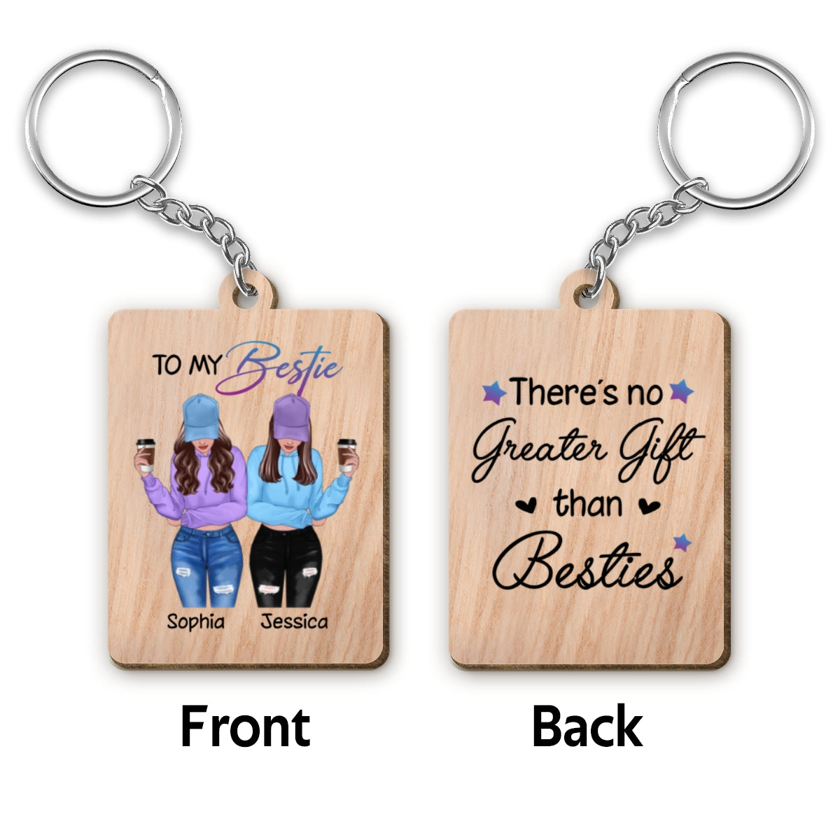 Front View Besties To My Bestie Personalized Wooden Keychain