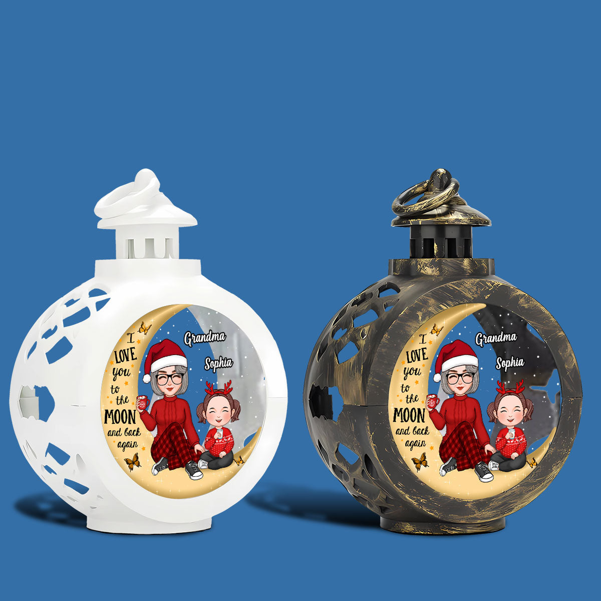 Cute Grandma & Grandkid On Moon Christmas Gift Personalized Lantern Ornament