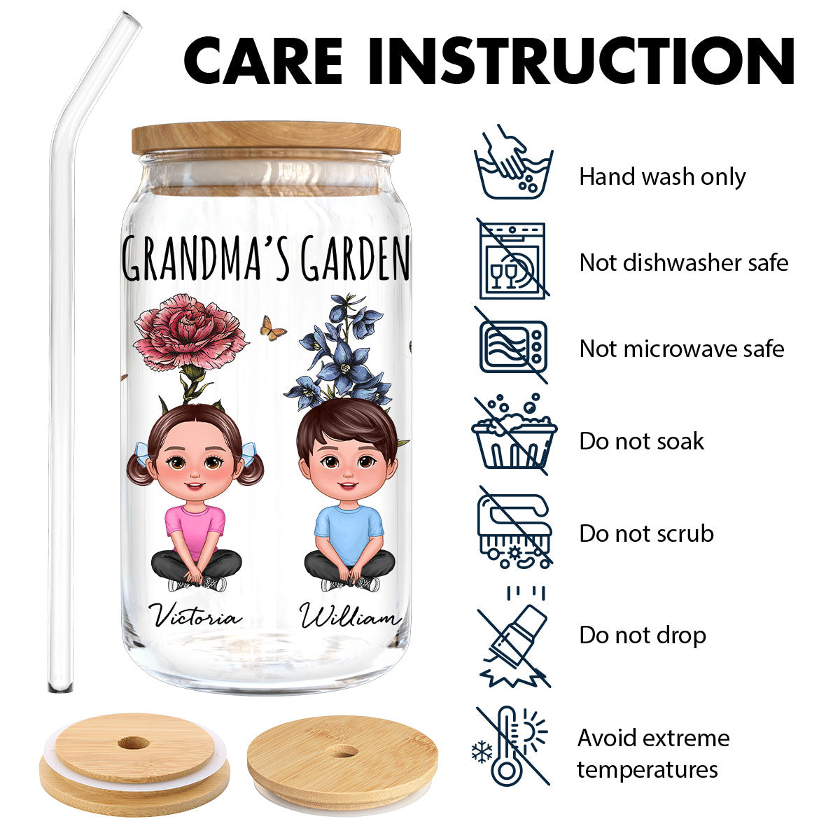 Gift For Grandma Grandma‘s Garden Cute Kids With Beautiful Vintage Birth Flower Behind Personalized Clear Glass Can