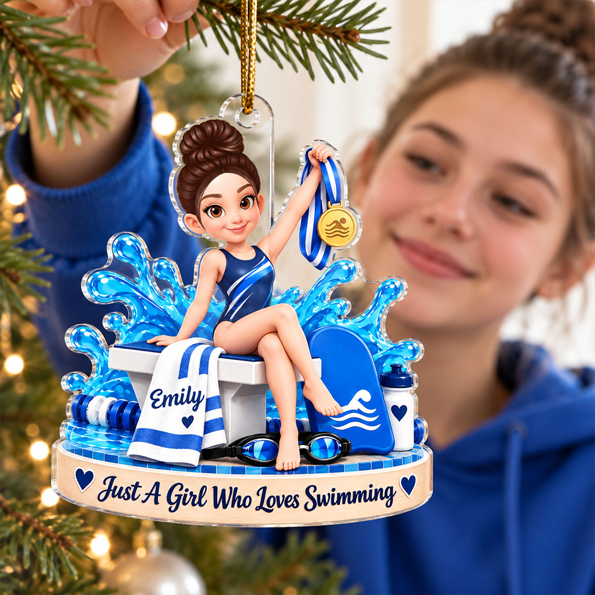 Just a Girl Who Loves Swimming - Personalized Acrylic Ornament - Custom Name Gift for Swimmer, Christmas Swim Team Gift, Female Athlete Keepsake