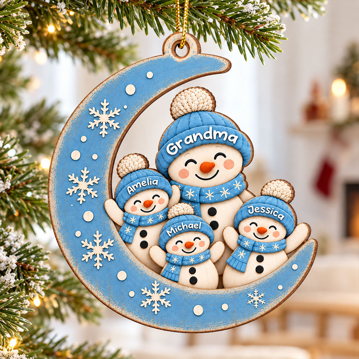 Blue Winter Grandma Grandkids Snowman On Moon - Personalized Wooden Ornament - Christmas Gift for Grandma