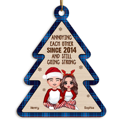 Doll Couple Sitting Hugging Checkered Pattern Christmas Tree Shaped Personalized Wooden Ornament