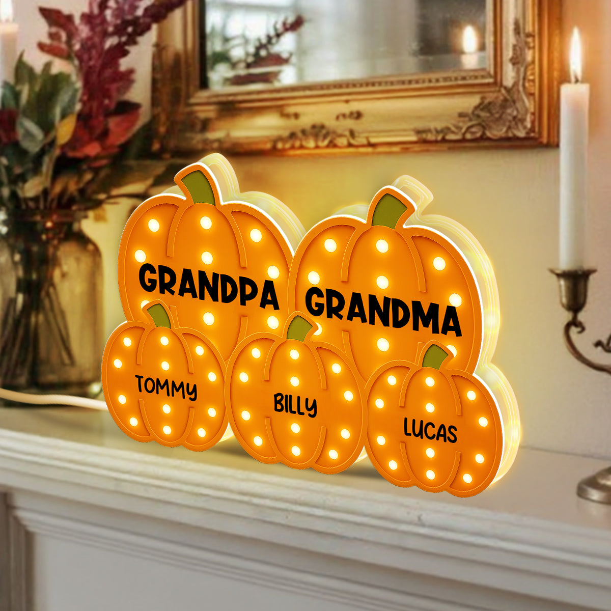 3D Effect Grandma Grandpa Grandkids Pumpkin Patch Marquee Pattern - Personalized Light Box - Cozy Fall Home Decor