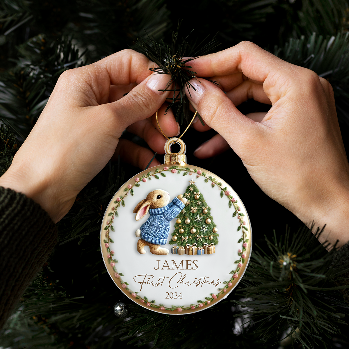 Baby's First Christmas Cute Pink Blue Bunny Rabbit For Baby Boy Girl Personalized Acrylic Ornament, New Parents Keepsake, Gift For Newborn
