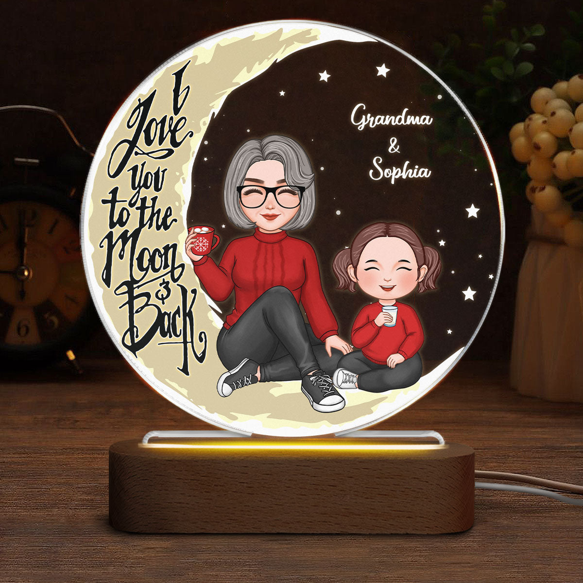 Grandma Grandkid Sitting Love You To The Moon And Back Gift For Granddaughter Grandson Personalized Acrylic Plaque Circle LED Night Light