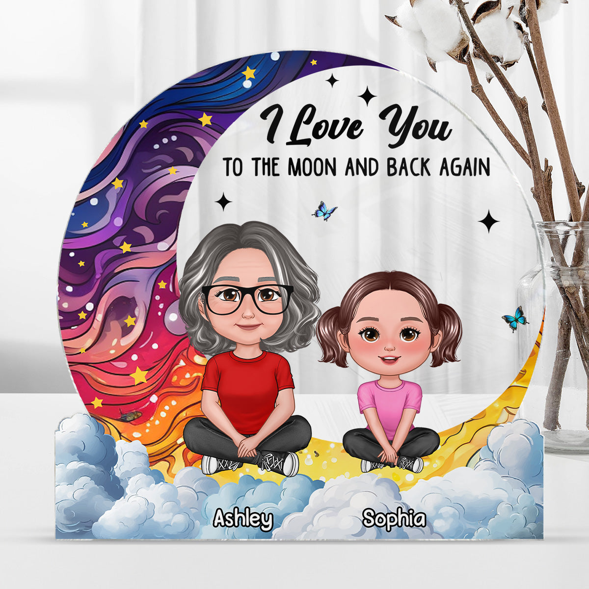 Love You To The Moon Grandma & Grandkids Sitting Crossed Legs Personalized Acrylic Block Plaque