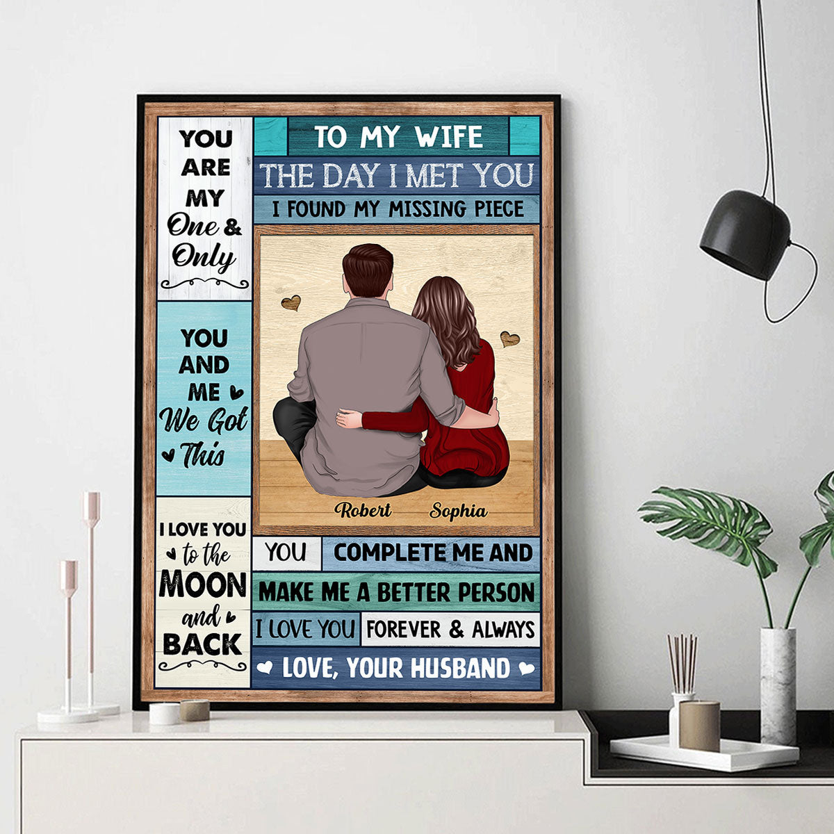 To My Wife Husband Couple Hugging Sitting Back View Personalized Vertical Poster