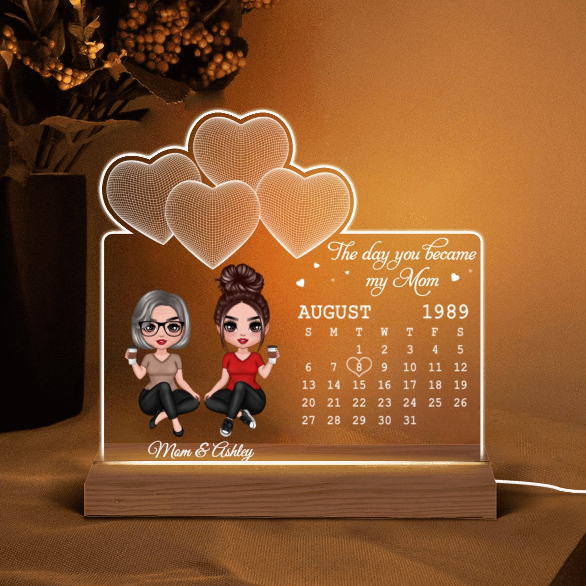 Doll Mother Daughter Under 3D Heart Personalized Custom Shape LED Night Light