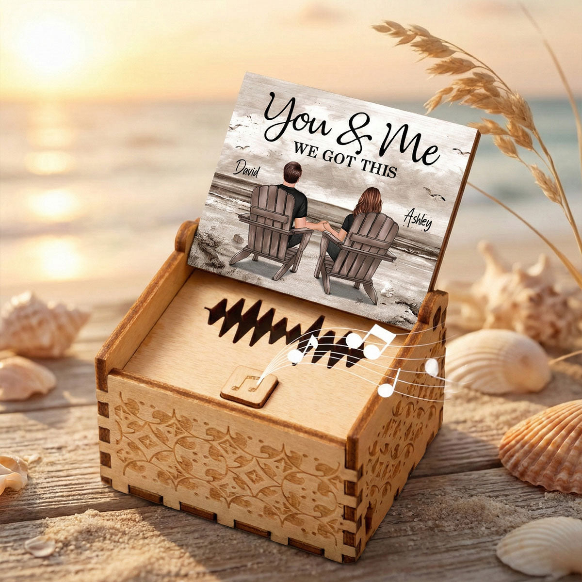 Eternal Love Couple Retro Beach Landscape - Personalized Wooden Music Box - Valentine's Day Gift For Couple