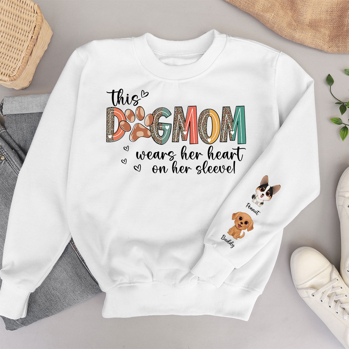 Dog Mom Wears Her Heart On Her Sleeve, Watercolor Cute Dog, Gift For Dog Mom, Personalized Sleeve Printed Sweatshirt