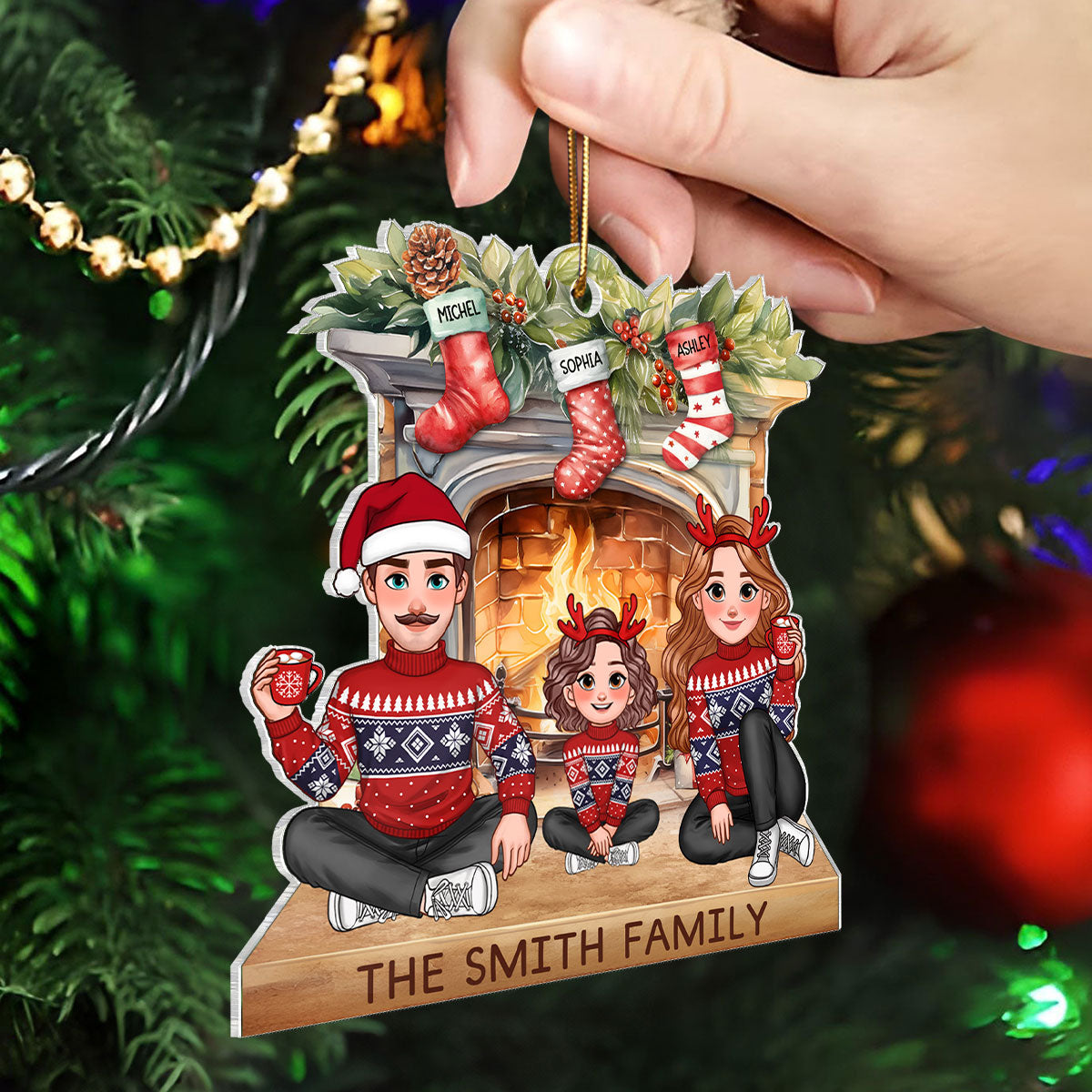 Animated Family Sitting At Christmas Fireplace Personalized Acrylic Ornament