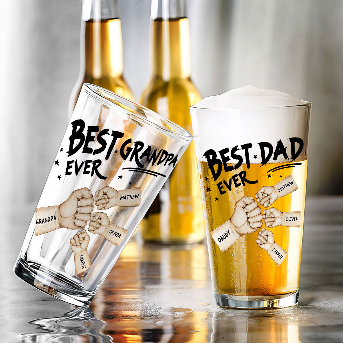 Best Dad Ever Fist Bump Personalized Beer Glass, Unique Birthday Gift For Dad, Father's Day Gift