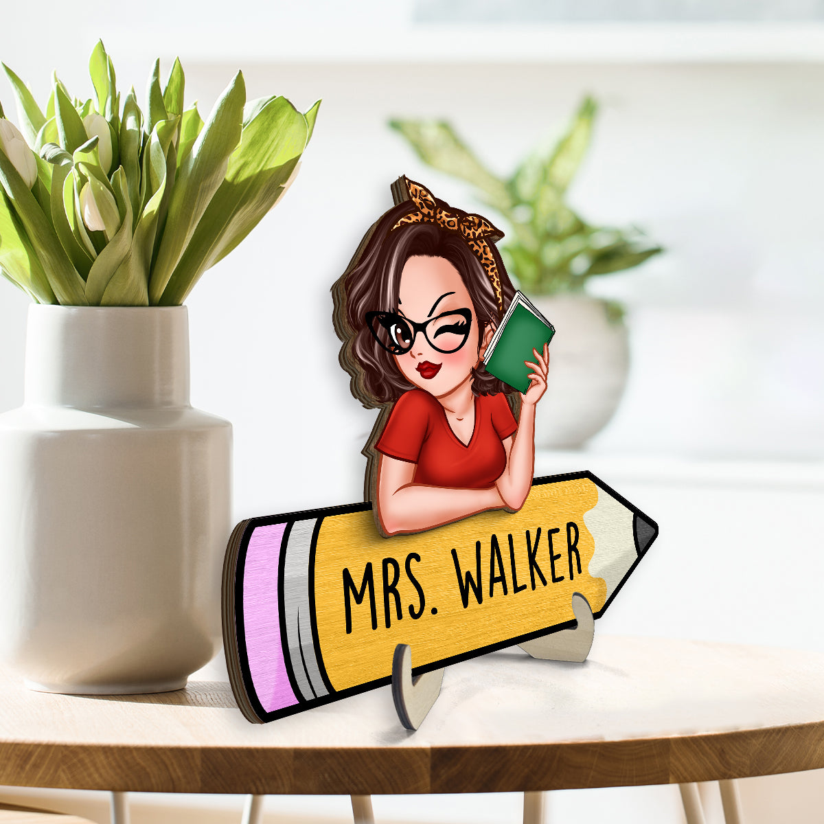 Doll Teacher Reading Books Personalized 2-Layer Wooden Plaque, Back To School Gift For Teacher, Teacher Appreciation Gift