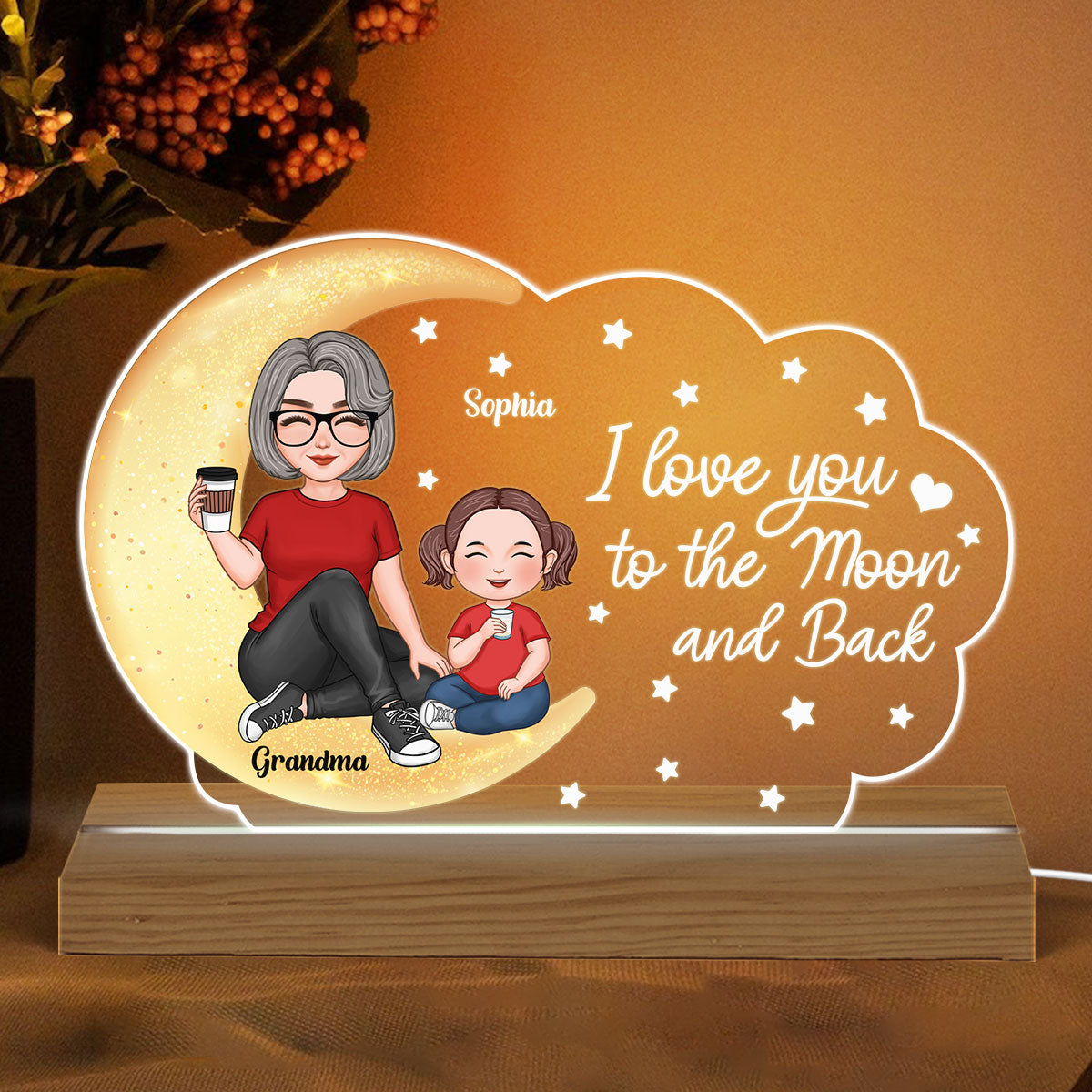 Cute Grandma Grandkid Sitting On Moon Cloud Stars Goodnight Personalized Acrylic Plaque With LED Night Light