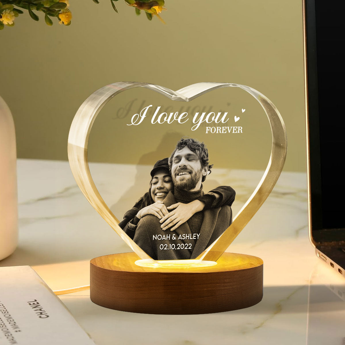 Couple 3D Upload Photo Premium Crystal Heart LED, Personalized Heart Crystal With LED Base Optional, Perfect Valentine's Gift For Couple, For Him, For Her, Free Delivery