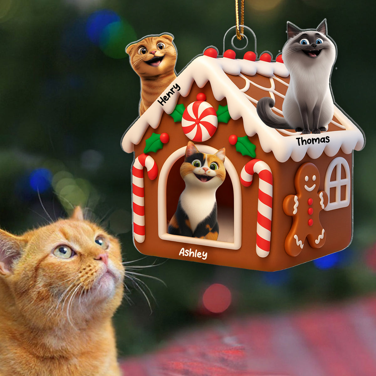 Gingerbread Cat House Personalized Acrylic Ornament, Christmas Gift for Cat Mom, Cat Dad