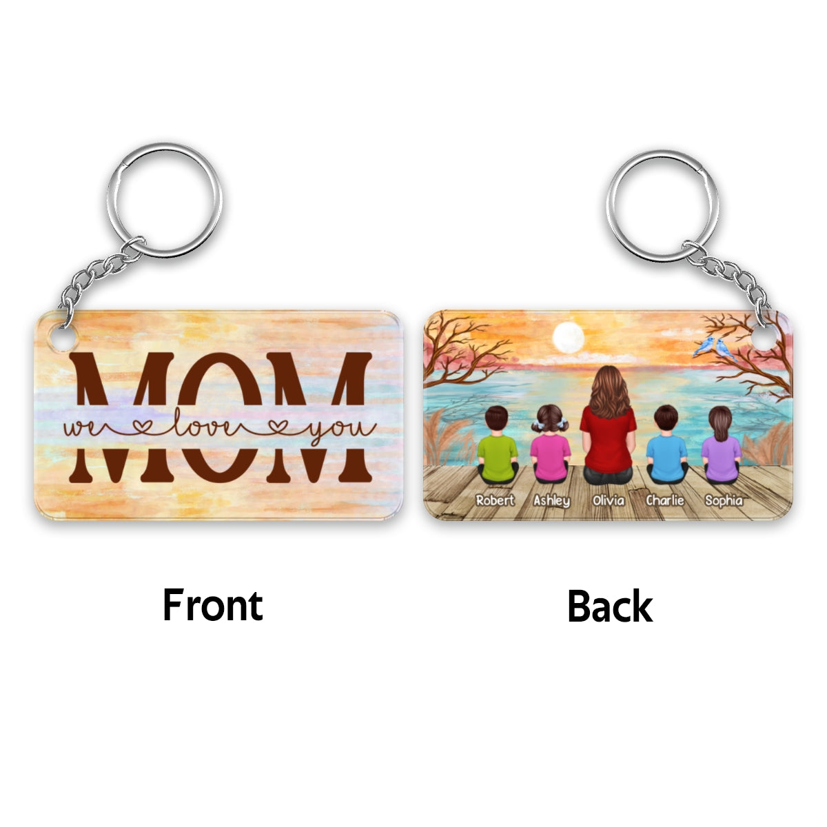 Lake View Best Mom Ever Back View Woman Sitting With Kids Dogs Cats Personalized Acrylic Keychain