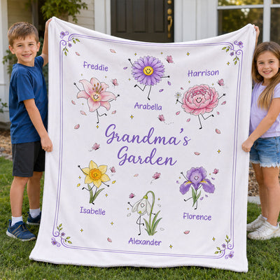 Grandma's Garden Cute Doodle Birth Month Flowers - Personalized Fleece Blanket - Gift For Grandma