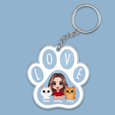 Doll Woman Man Peeking Watercolor Cute Cats Paw Shape Personalized Acrylic Keychain