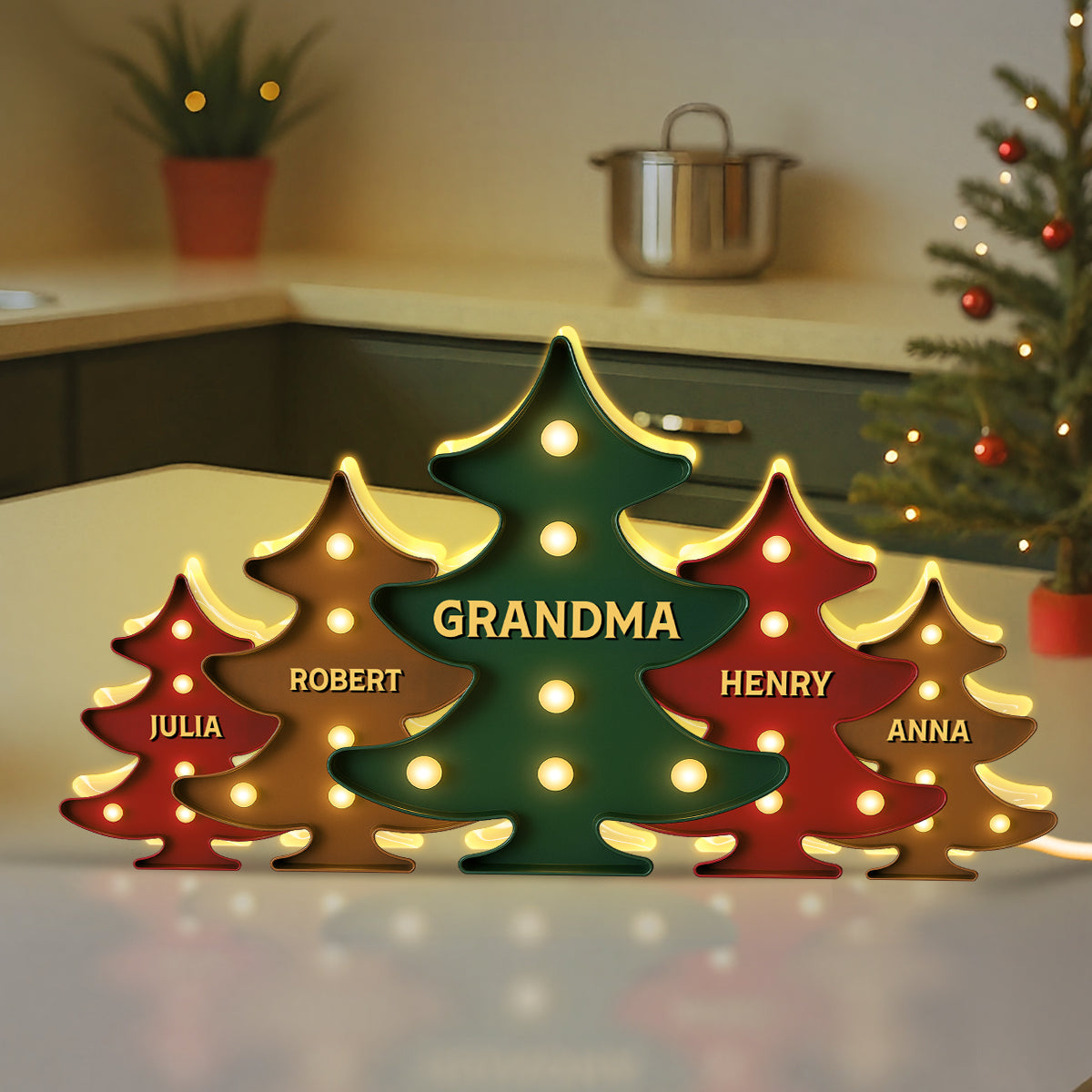 3D Effect Retro Vintage Christmas Tree Grandma Grandkids - Personalized Light Box - Gift For Grandmas
