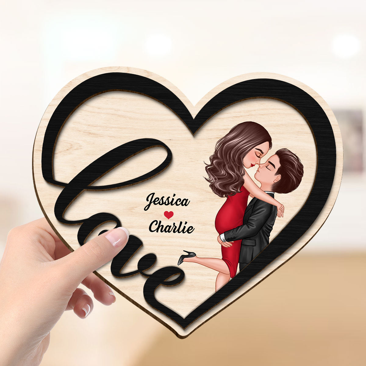 Couple Love Heart Hugging Kissing Personalized 2-layer Wooden Plaque
