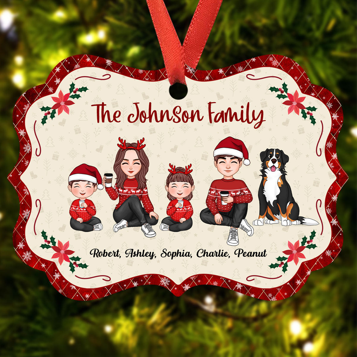 Cute Family Doll Mom Dad Kid Dog Cat Red Border Christmas Themed Personalized Christmas Ornament
