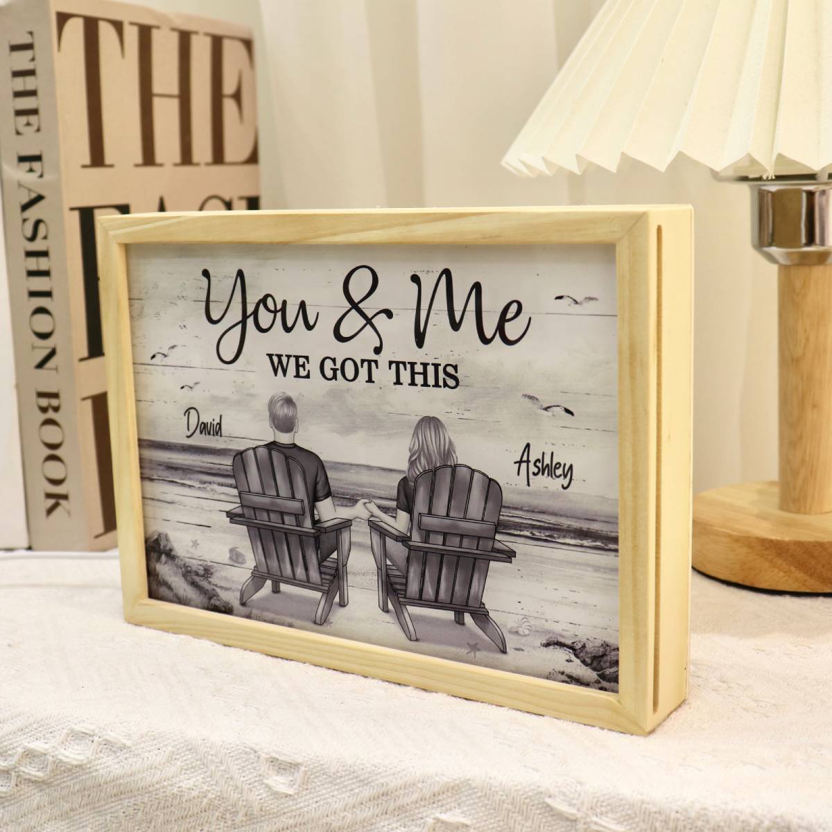 [EXCLUSIVE LIMITED EDITION] Couple Sitting At Beach Retro Personalized Luminous Frame Light Box, Anniversary Gift For Couple