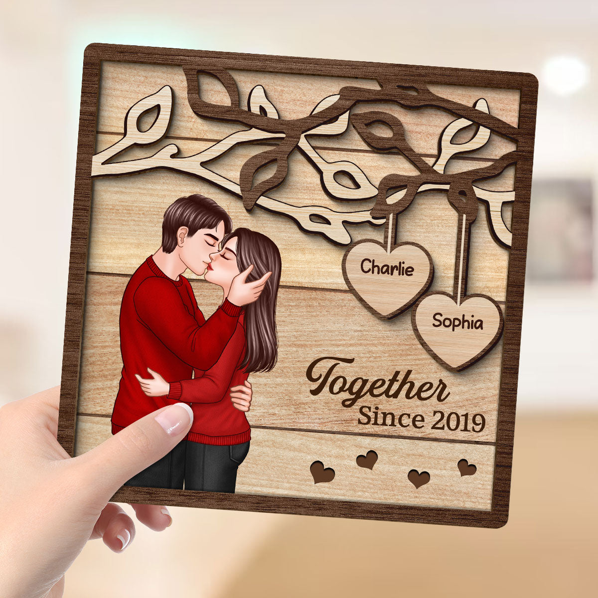 Romantic Couple Kissing Under Tree Personalized 2-Layer Wooden Plaque, Valentine‘s Day Gift For Him, For Her