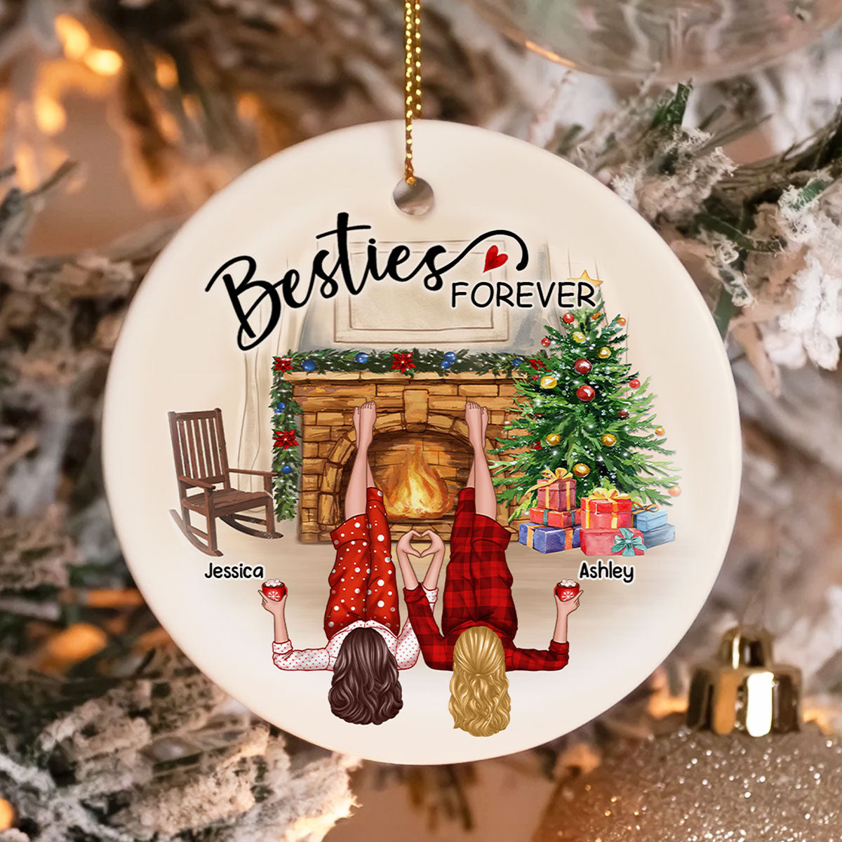 Sisters Besties By The Fireplace Personalized Ceramic Ornament, Christmas Gift for Besties, Sisters