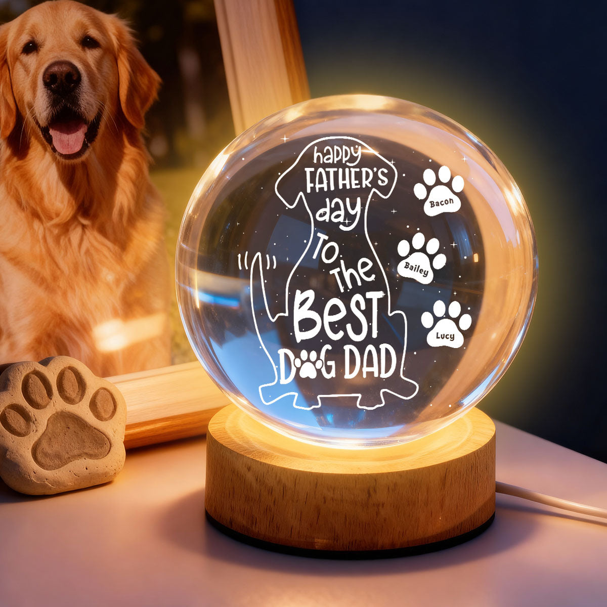 Happy  Dog Dad - Personalized Crystal Ball LED Night Light - Heartfelt  Gift for Husband