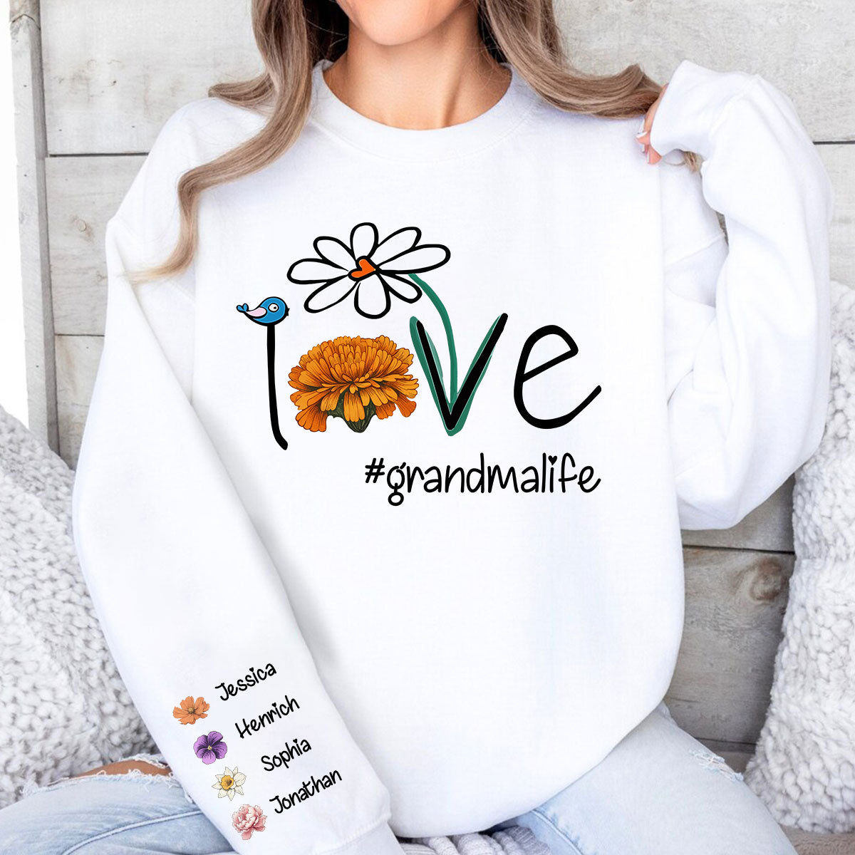 Love Grandma Life Mom Life Birth Month Flowers Personalized Sleeve Printed Sweatshirt, Mother's day gift for Moms, for Grandmas