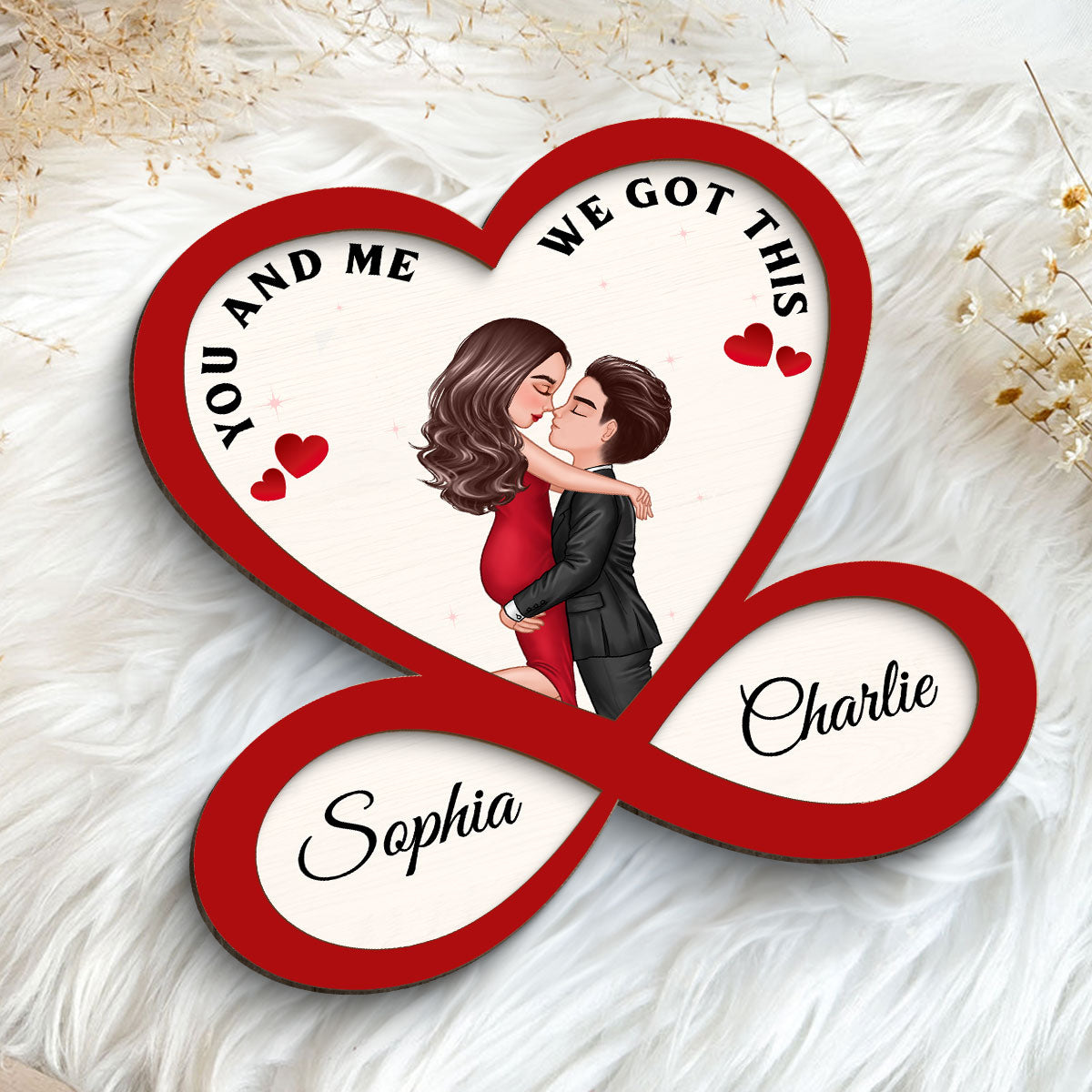 Couple Hugging Kissing Heart Infinity Red Theme Personalized 2-layer Wooden Plaque
