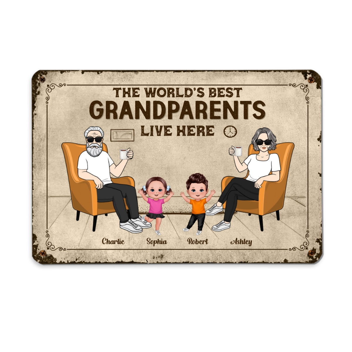 World‘s Best Grandparents Live Here Man Woman & Happy Kids Personalized Metal Sign