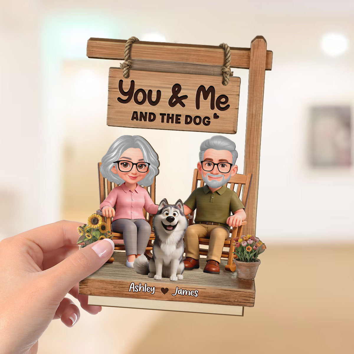Old Couple On Rocking Chair & Dog 2D Flat - Personalized 2-Layered Wooden Plaque - Anniversary, Valentine's Day Gift For Him, Gift For Her