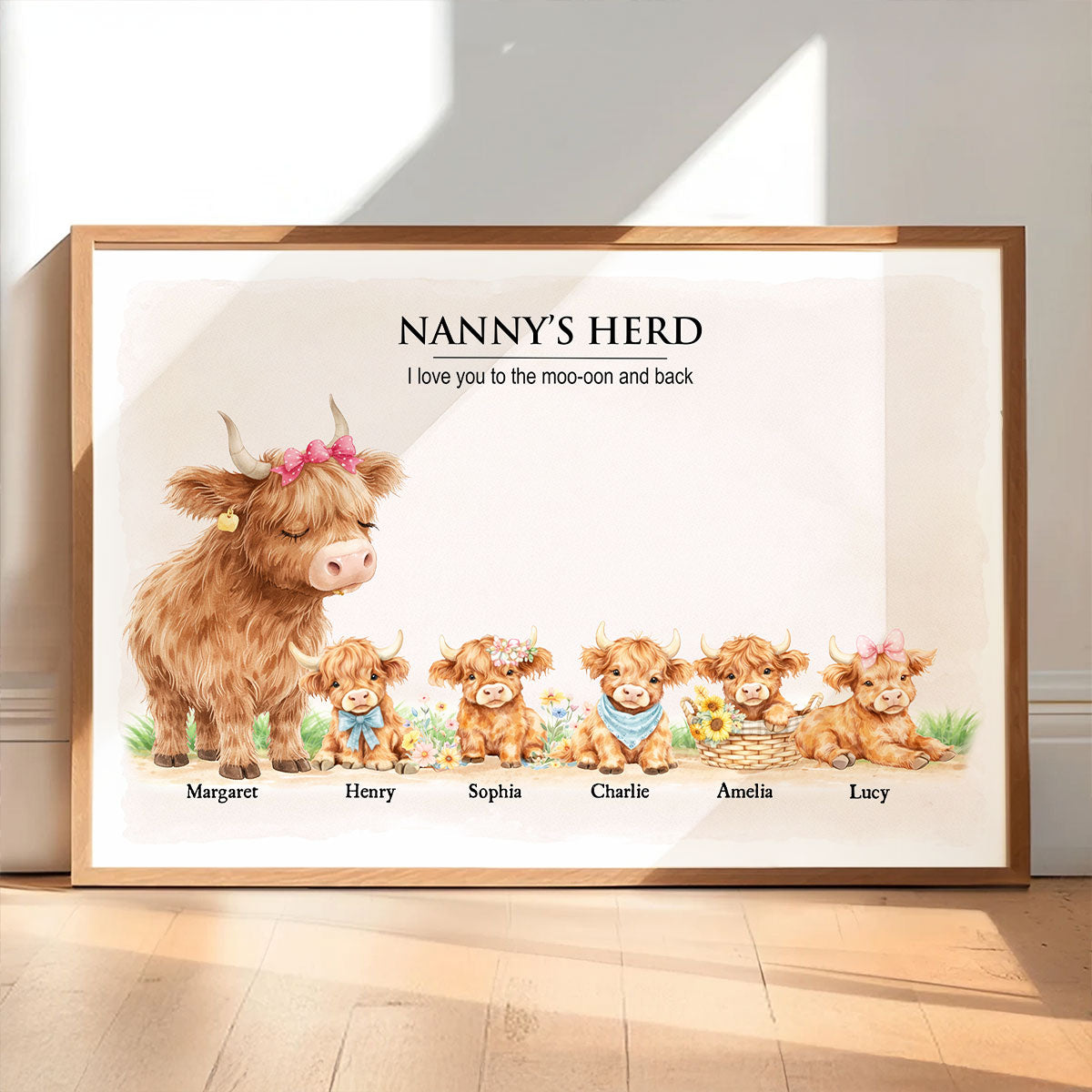 Nanny & Grandad's Herd Highland Cow Family - Personalised Poster - UK Mother's Day Gift for Grandma, Grandpa