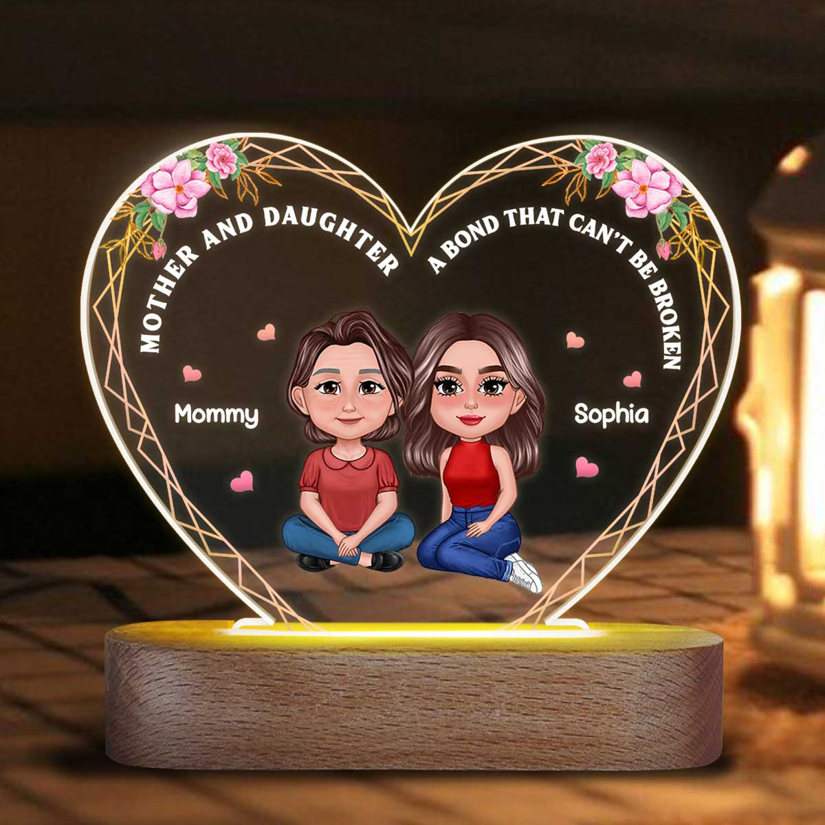 Pretty Doll Mother Daughters Flower Frame Personalized Acrylic Heart LED Night Light
