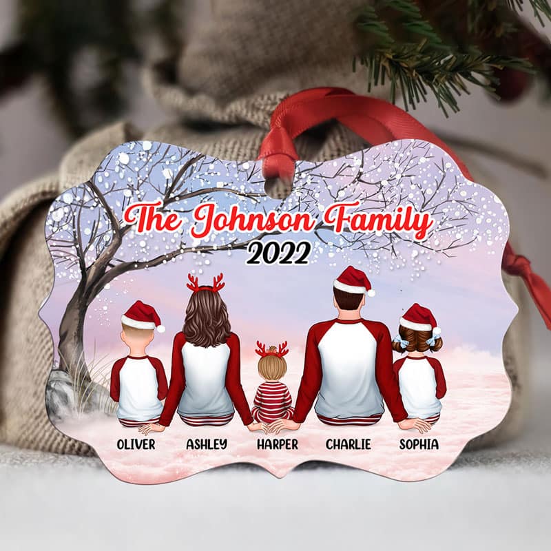Family Pajamas Sitting Blossom Tree Personalized Christmas Ornament