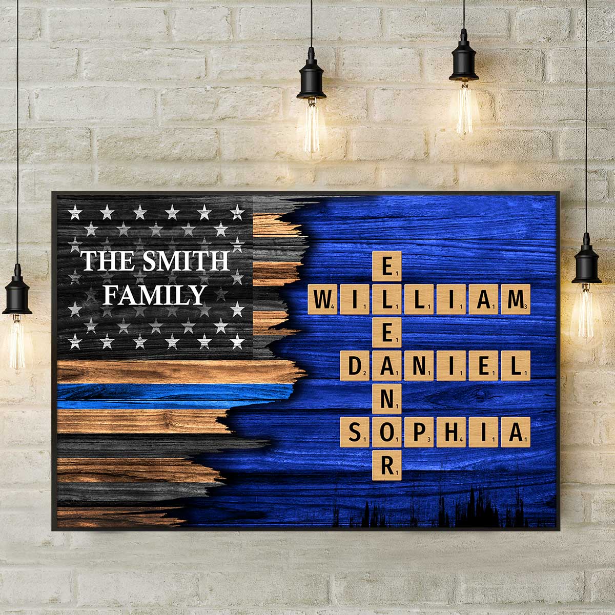 Half Flag Thin Blue Line Family Crossword Art Puzzle, Personalized Poster, Meaningful Father's Day Gift for Dad, Gift for Husband