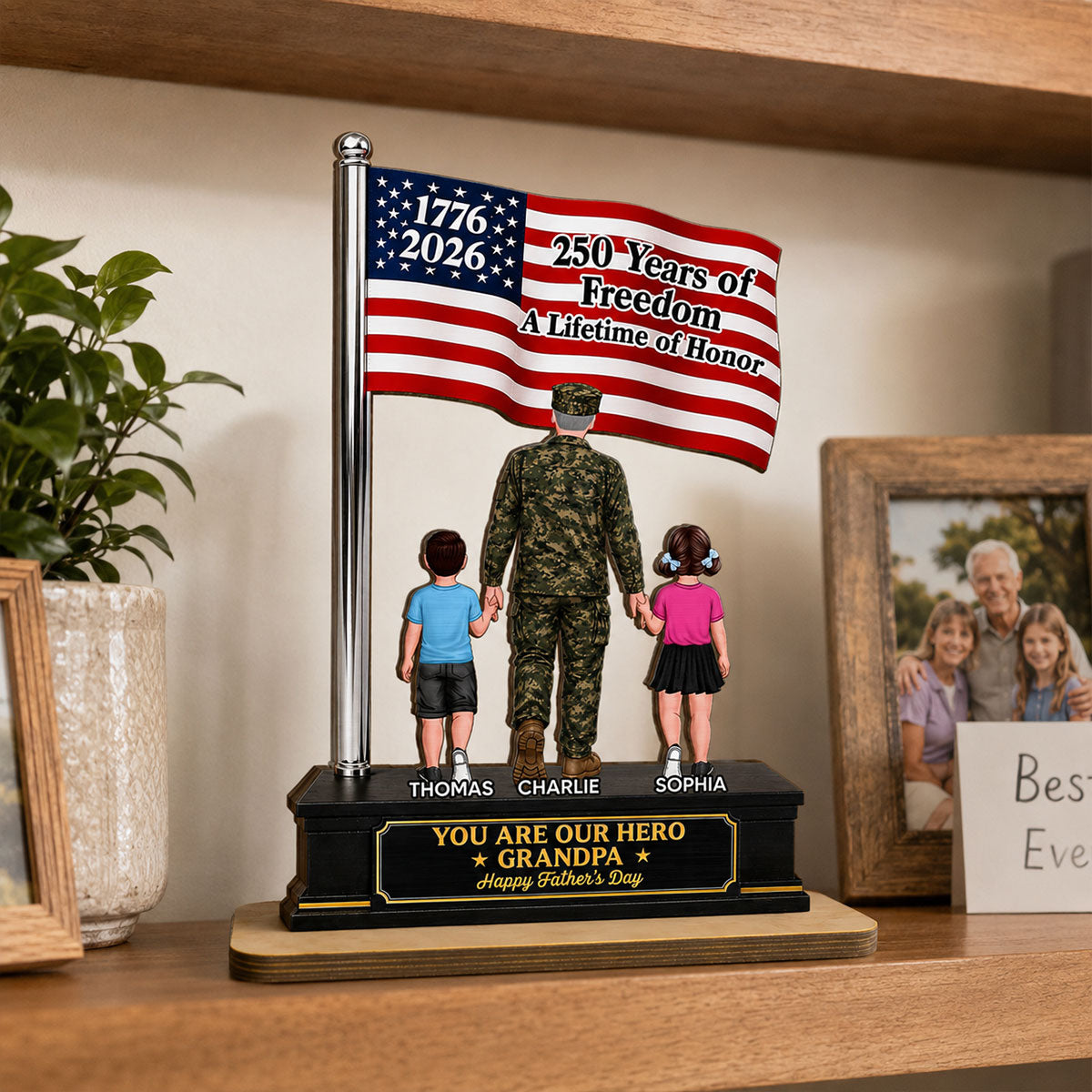 Proud American Army Military Veteran Grandpa Dad America 250th Anniversary - Personalized 2-Layered Wooden Plaque - Father's Day Gift For Dad, Grandpa Husband
