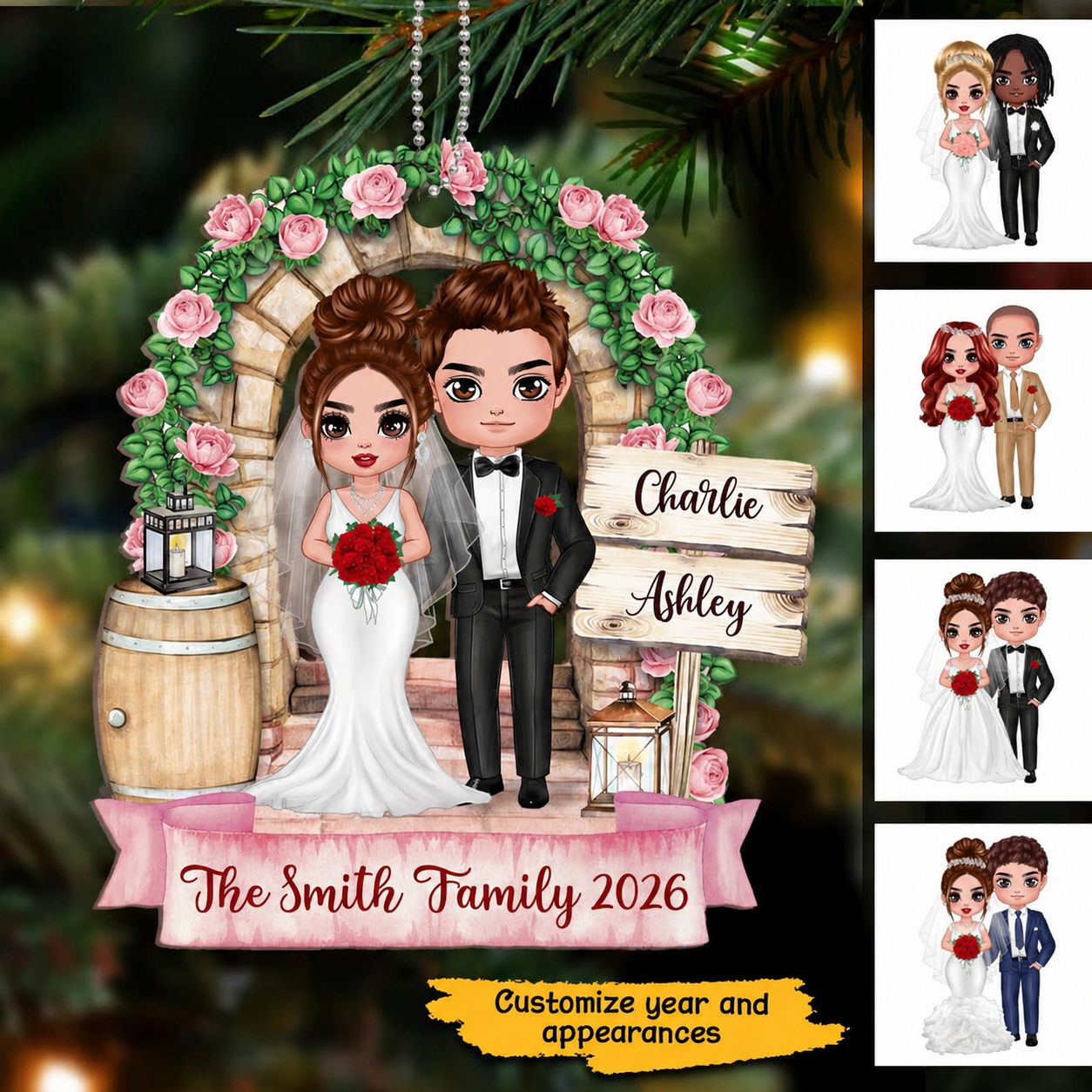 Flower Gate Doll Groom And Bride Personalized Wooden Ornament