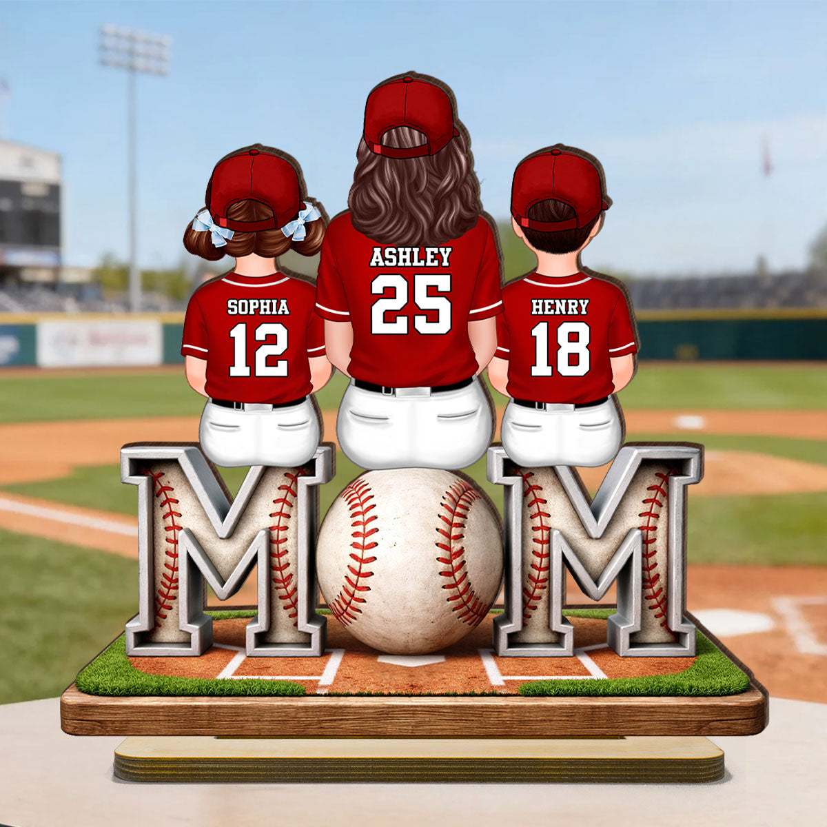 Baseball Mom And Kids Sitting - Personalized 2-Layered Wooden Plaque - Gift For Baseball Mom