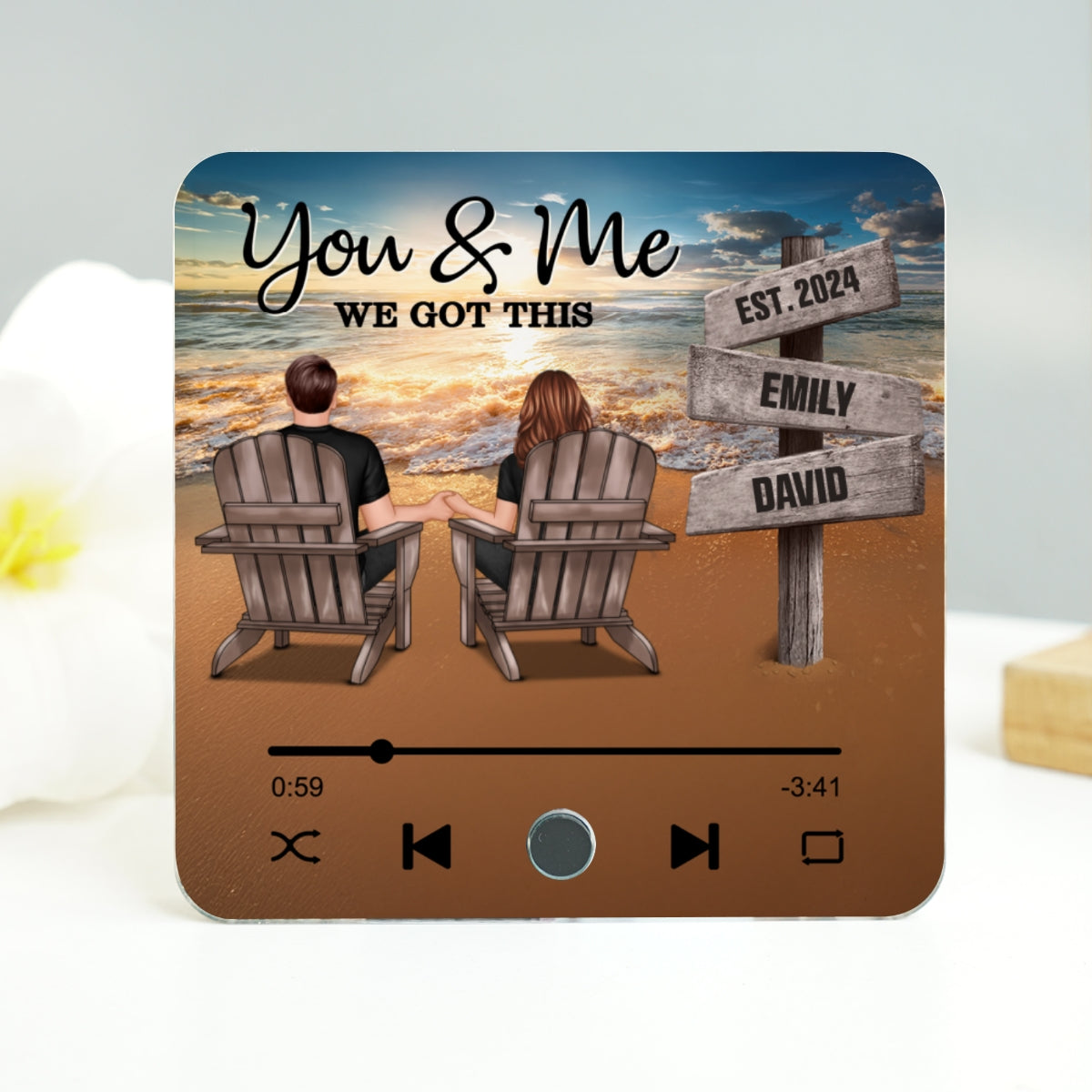 Romantic Beach Landscape Couple Sitting Holding Hands Sign Posts Personalized Bluetooth Music Fridge Magnet, Heartfelt Gift For Couple, For Him, For Her, Boyfriend, Girlfriend, Husband, Wife