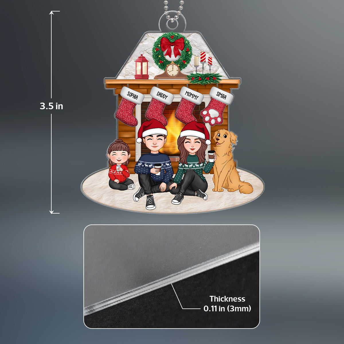 Christmas Fireplace Christmas Wreath Cute Whole Family Dad Mom Kids Dogs Cats Personalized Acrylic Ornament
