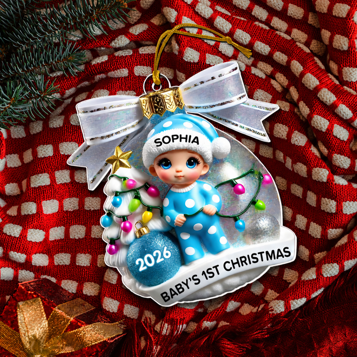 Baby First Christmas 3D Effect Personalized Acrylic Ornament, Christmas Tree Bow, New Parents Keepsake, Gift for Newborn
