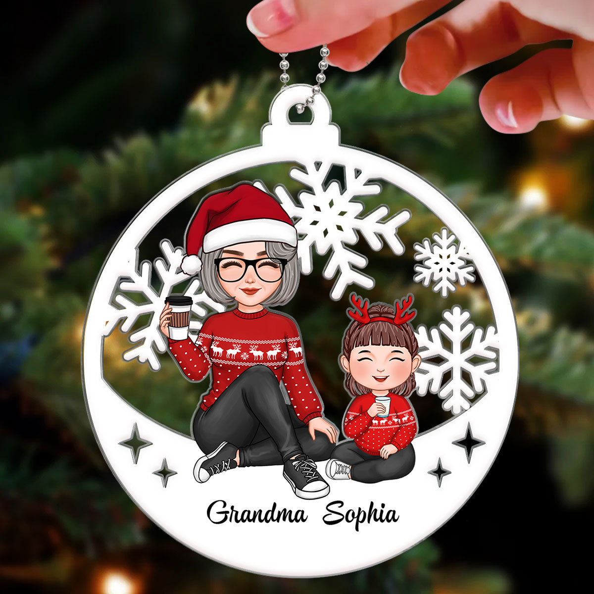 Cute Grandma Grandkid Sitting Cut-through Christmas Gift For Granddaughter Grandson Personalized Acrylic Ornament