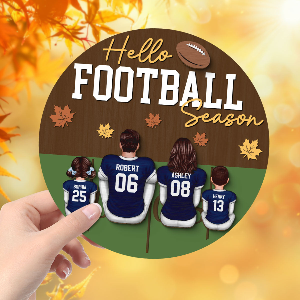 Hello Football Season Family Sitting Personalized 2-Layer Wooden Plaque, Gift For Husband, Wife, Dad, Mom