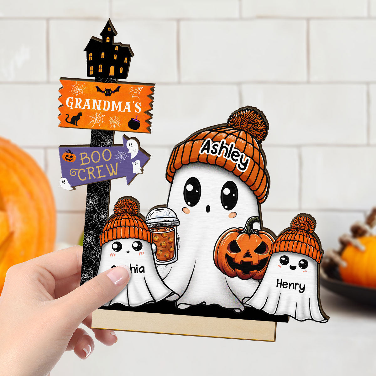 Grandma Boo Crew Fall Season Halloween Personalized 2-Layer Standing Wooden Plaque, Halloween Decoration, Tabletop Tier Tray Decor