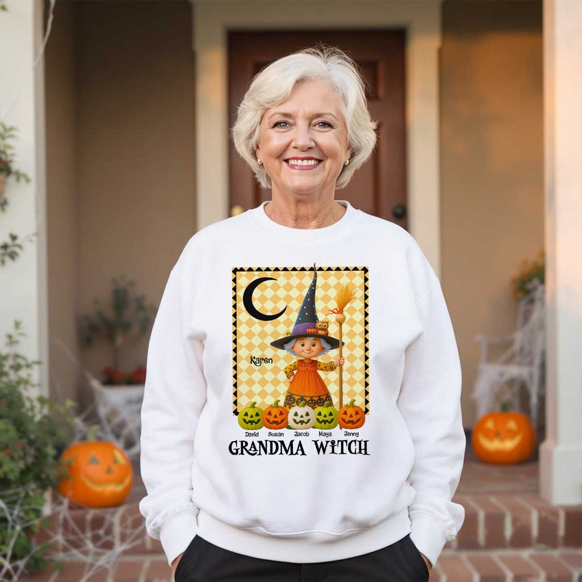 Grandma Witch Pumpkin Personalized Sweatshirt, Halloween Cozy Fall Sweatshirt for Grandma